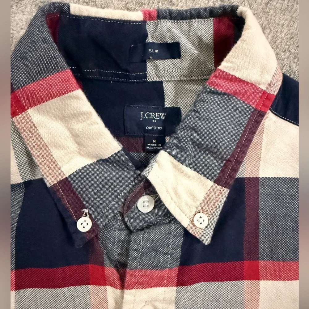 J. Crew Men's Oxford Shirt Red White Navy Plaid LS Button‎ Down Collar Sz slim M
